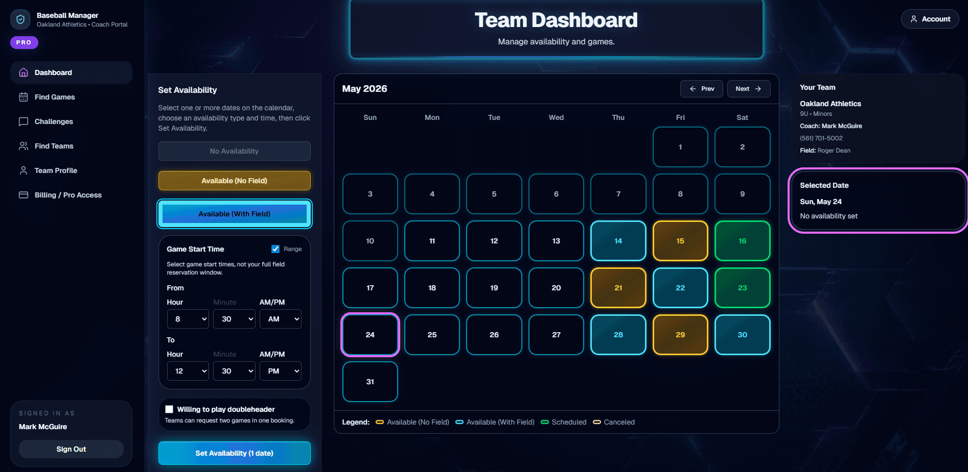 Game Manager Pro availability calendar feature