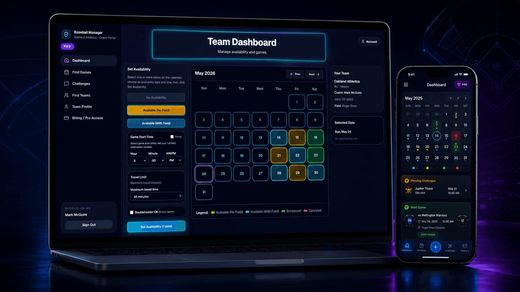 Game Manager Pro dashboard and mobile product preview